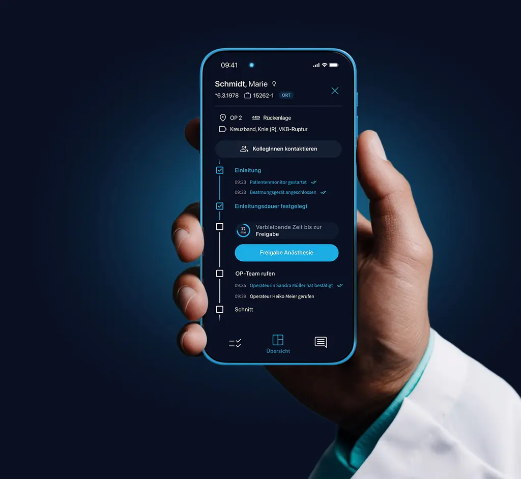 Der sqior OP-Assistent auf dem Smartphone: Freigabe der Anästhesie und Ruf des OP-Teams